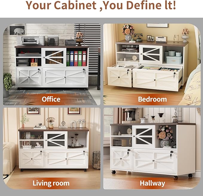 Semoic 2 Drawer Farmhouse File Cabinet with Lock, Mobile Lateral Filing Cabinet for Letter/Legal/A4 Size, Open Storage Adjustable Shelf for Home Office Cabinets,White