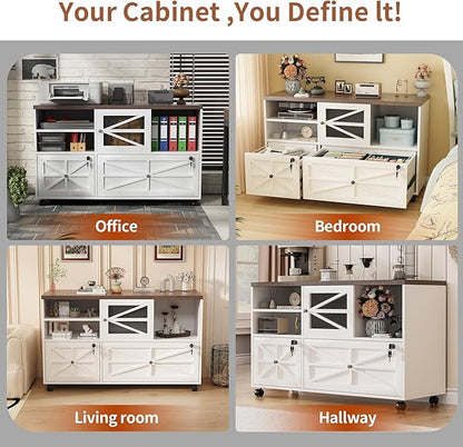 Semoic 2 Drawer Farmhouse File Cabinet with Lock, Mobile Lateral Filing Cabinet for Letter/Legal/A4 Size, Open Storage Adjustable Shelf for Home Office Cabinets,White