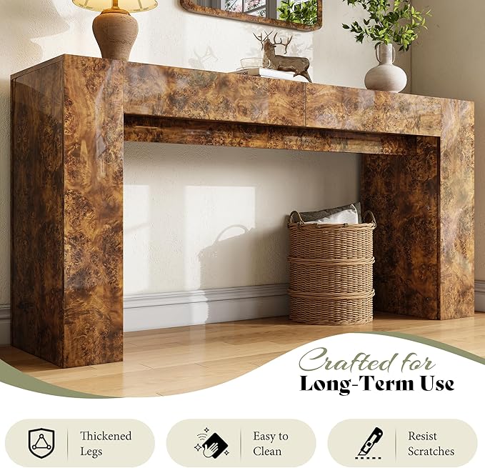 AMERLIFE 63" Burl Wood Console Table, Modern High Gloss Entryway Table with 2 Storage Drawers, Long Sofa Table Behind The Couch for Entrance, Hallway, Foyer, Living Room, Brown