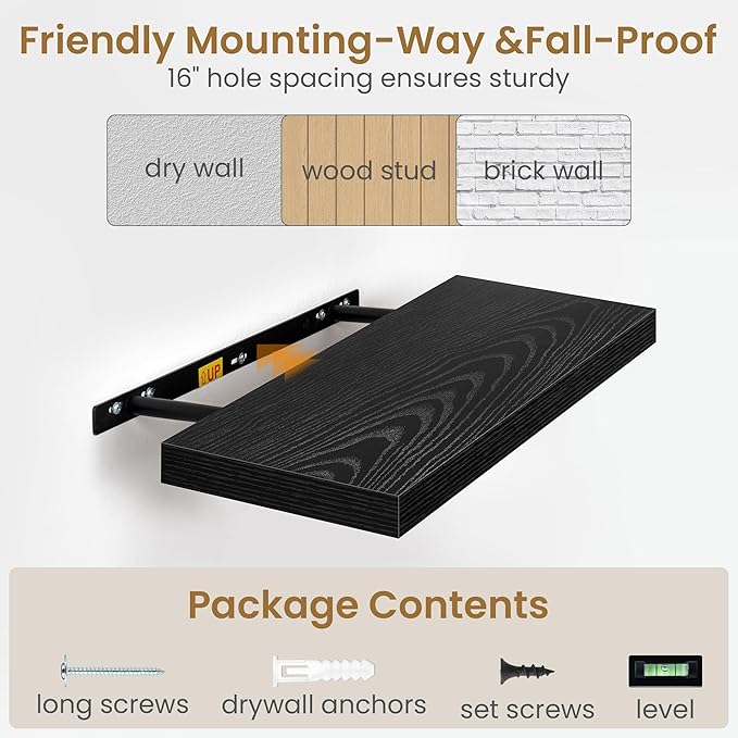 Fun Memories 48 Inch Floating Shelves in Black, 9.3 Inch Deep Wall Shelves for Bathroom, Living Room, Bedroom, Kitchen, Deep Long Shelf Wall Mounted 2 Pack Shelf for Books, Decor