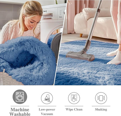 OLANLY Blue Round Rugs for Bedroom - Machine Washable, 4 ft Circle Area Rugs for Living Room, Soft and Fluffy Shaggy Carpet for Teen Girl and Boys, Nursery Rooms, Dorms, Home Decor Aesthetic