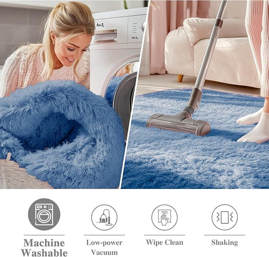 OLANLY Blue Round Rugs for Bedroom - Machine Washable, 4 ft Circle Area Rugs for Living Room, Soft and Fluffy Shaggy Carpet for Teen Girl and Boys, Nursery Rooms, Dorms, Home Decor Aesthetic