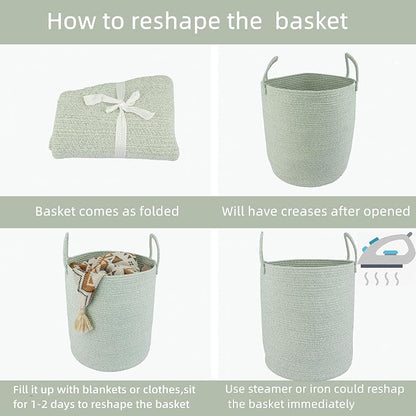 XUANGUO Cotton Rope Laundry Basket Hamper for Clothes Woven Storage Basket for Living Room Bedroom Boho Tall Rope Baskets for Blanket Toys Pillow Towels Baby Nursery Hamper Bin green Large