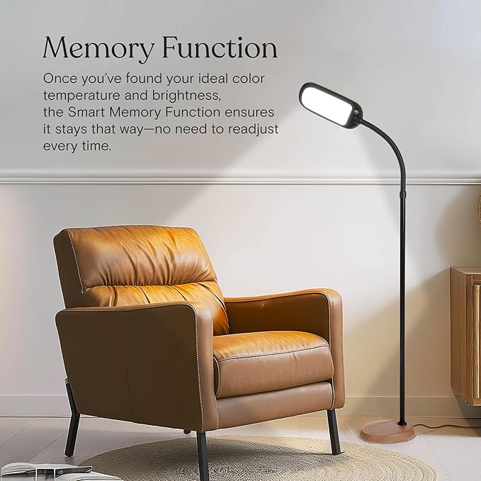 Brightech Litespan Slim LED Floor Lamp - Modern Reading Light Over Chair for Living Rooms & Offices, Tall With Adjustable Gooseneck, Crafts Work Light, Dimmable Standing for Bedroom - Wood