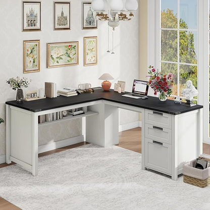 Vabches Wood L Shaped Executive Desk, Farmhouse Home Office Desk with Drawers and Under-Desk Storage Shelf Corner Computer Desk with Power Outlets for Home Office, Study, Bedroom, White and Black
