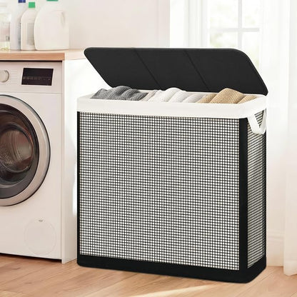STO STO Laundry Hamper 3 Section with Lid, 180L Large 3 Compartment Laundry Sorter, Laundry Basket with Removable Washable Liner Bag, Breathable Clothes Hamper for Bedroom Bathroom Laundry Room Closet