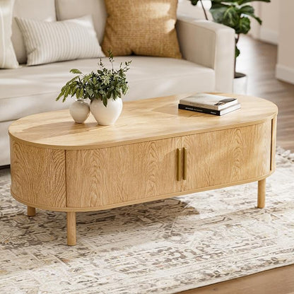 ZttRiee Coffee Table for Living Room, Modern Oval Coffee Table with Cabinets & Sliding Doors, Home Small Space, 47.2" Fluted Center Table, Natual