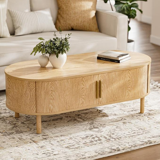 ZttRiee Coffee Table for Living Room, Modern Oval Coffee Table with Cabinets & Sliding Doors, Home Small Space, 47.2" Fluted Center Table, Natual