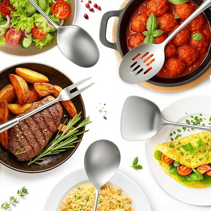 Newness 10 Pcs Cooking Utensils Set,18/8 304 Stainless Steel Kitchen Utensils Set, Metal Kitchen Accessories, Include Soup Ladle, Slotted Skimmer Spoon, Spaghetti Spoon, Spatula, Tongs,Dishwasher Safe