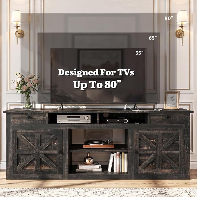 YITAHOME TV Stand for 75/80 Inch TV, Entertainment Center, TV Cabinet with Drawers and Power Outlet, Dark Rustic Oak TV Console for Living Room Furniture (70 Inch Lenght 30 Inch High)