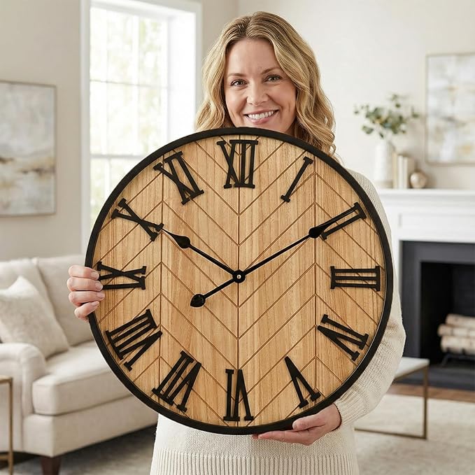 EMAX HOME 24 Inch Large Wall Clock Farmhouse Style - Brown Silent Non-Ticking Rustic Decor for Living Room, Kitchen, Bedroom