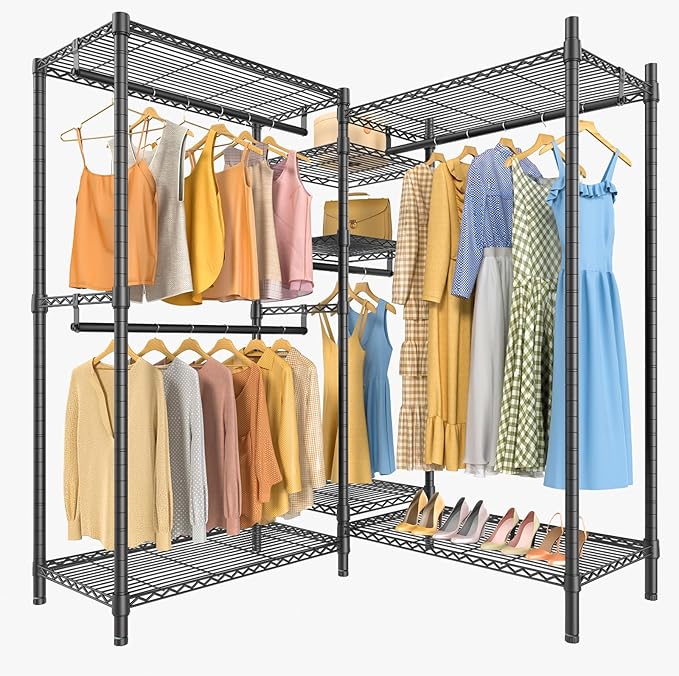 VIPEK L6 Heavy Duty Clothes Rack L Shape Clothing Rack 5-Tier Wire Garment Rack Freestanding Closet with 7 Adjustable Shelves & 4 Hanging Rods, 42.1" L x 42.1" W x 76.4" H, Max Load 850LBS, Black
