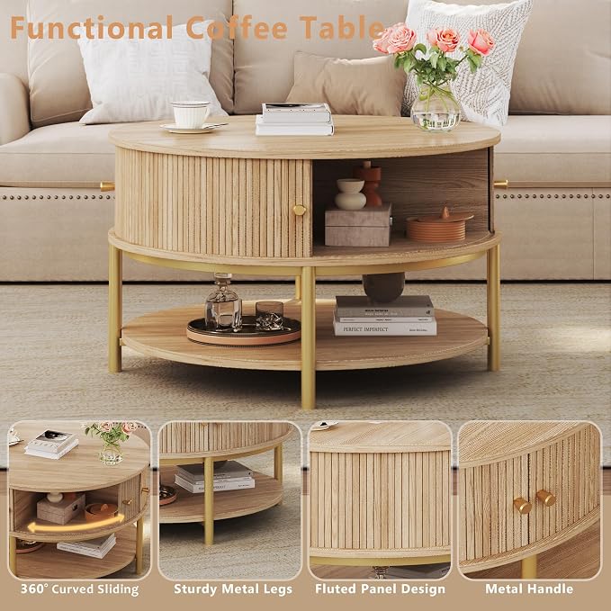 23.6" Round Coffee Table with Storage, 3-Tier Small Round Coffee Table with Sliding Cabinet Door & Round Metal Legs, Mid Century Modern Coffee Tables for Living Room, Oak