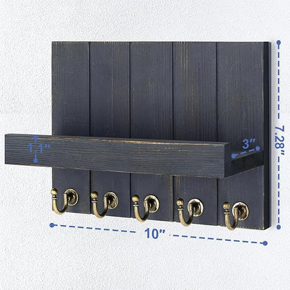 Rebee Vision Pine Wood Key Holder Wall Mount with Floating Shelf – Farmhouse Key Holder for Wall to Elevate Home Decor – Mail Organizer for Apartment Essentials (Royal Blue,3.54" x 10" x 7.28")
