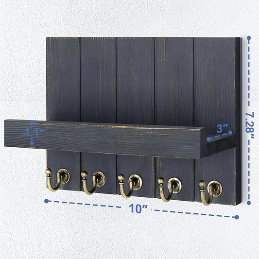 Rebee Vision Pine Wood Key Holder Wall Mount with Floating Shelf – Farmhouse Key Holder for Wall to Elevate Home Decor – Mail Organizer for Apartment Essentials (Royal Blue,3.54" x 10" x 7.28")