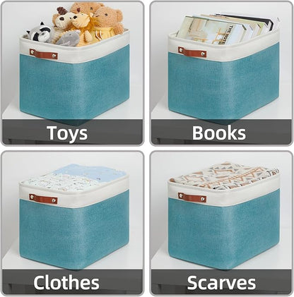HNZIGE Extra Large Fabric Storage Bin Baskets for Organizing Shelves [2 Pack] Storage Baskets for Closet 16" X 11.8" X 11.8" Rectangular Storage Basket Bin for Organization Living Room(Teal&White)