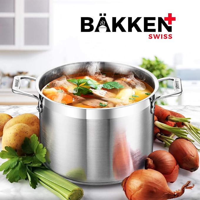 Stainless Steel Stockpot with Lid 12 Quart, Durable 18/8 Stainless Steel, Impact-Bonded Base for Even Heating, Riveted Handles, Oven & All Stove Compatible, Safe Up To 500°F (260°C)