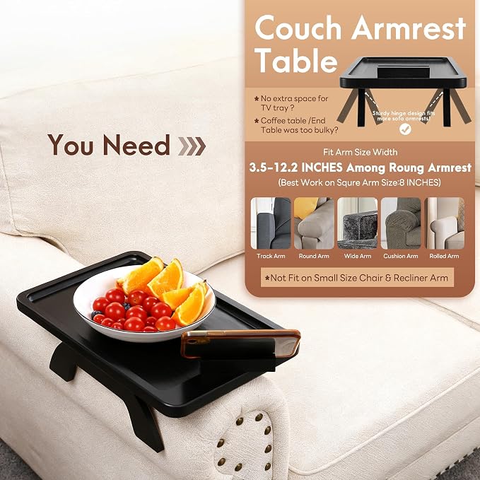 SINWANT Couch Arm Table, Bamboo Sofa Clip On Side Table Tray,Foldable Sofa Arm Tray with 360° Phone Holder for Eating Drinking Snacks Remote on Couch Armrest