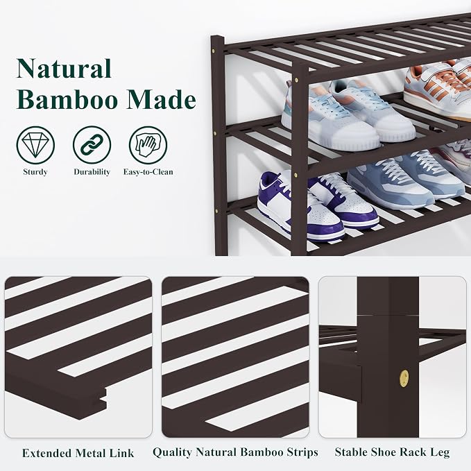Smiry Bamboo Shoe Rack, 6 Tier Free Standing Wooden Shoe Organizer, Stackable Wood Shoe Storage Shelf for Closet, Entryway, 14 Vertical Slats, 2+2+2 Stack Heavy-Duty Legs, 26.8"x11"x39", Brown