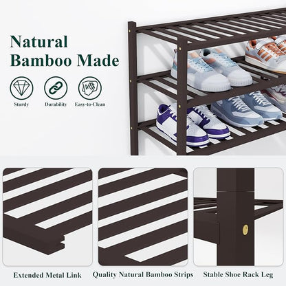 Smiry Bamboo Shoe Rack, 4 Tier Free Standing Wooden Shoe Organizer, Stackable Wood Shoe Storage Shelf for Closet, Entryway, 14 Vertical Slats, 2+2 Stack Heavy-Duty Legs, 26.8"x11"x26", Brown