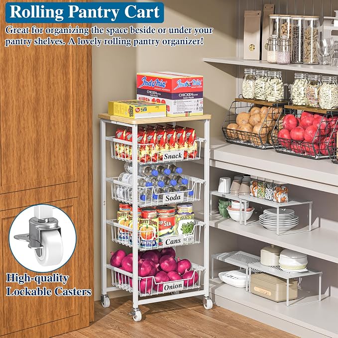 OKZEST 5-Tier Small Kitchen Storage Cart on Wheels with Pull-Out Drawers, Rolling Pantry and Snack Organizer Cart with Wood Top, Kitchen Floor Fruit Basket Stand for Fruit Potato Onion Veggie Snack