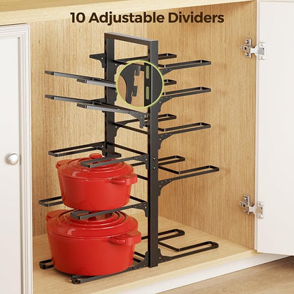 LAMU 10-Tier Pots and Pans Organizer under Cabinet, 23.62" Height Heavy Duty Pots Pans Organizer Rack for inside Cabinet Adjustable for Big Stockpots, Dutch Oven, Cast-iron Pans, Heavy Cookware