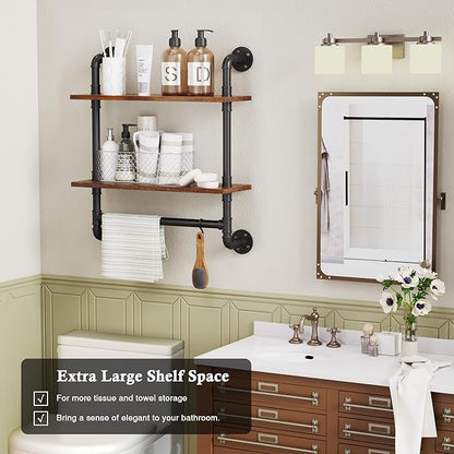 Merapi 24" Industrial Floating Shelves with Tower Bar, Pipe Shelves for Wall, 2 Tier Rustic Wood Wall Shelves for Home Décor, Bedroom, Living Room, Bathroom…