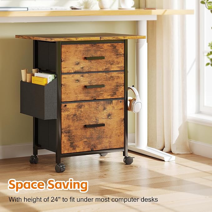 Mexin 3 Drawer File Cabinet with 22'' Extended Desktop, Mobile Filing Cabinet, Printer Stand, Rolling Printer Stand with Side Bag, Fabric Drawer, Fits A4 Size, Home Office,Rustic Brown