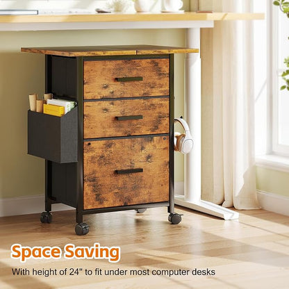 Mexin 3 Drawer File Cabinet with 22'' Extended Desktop, Mobile Filing Cabinet, Printer Stand, Rolling Printer Stand with Side Bag, Fabric Drawer, Fits A4 Size, Home Office,Rustic Brown
