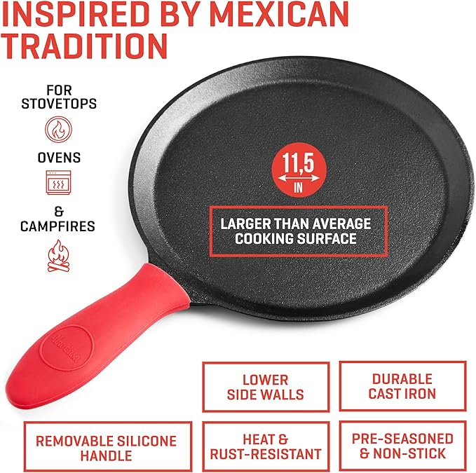 Uno Casa Cast Iron Comal Pan 11.5 Inch - Skillet for Roti, Tawa/Dosa Pan Pataconera, Comales para Tortillas - Cast Iron Pizza Pan - Comal Para Tortillas Grande