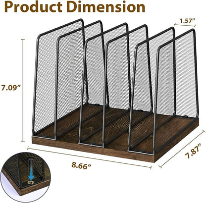 LEKETREE Desk File Organizer, 5-Section Upright File Sorter, Vertical File Folder Holder, Mesh Metal Wood Office Desktop Organization for Document, Magazine, Books and more (Wood and Black)