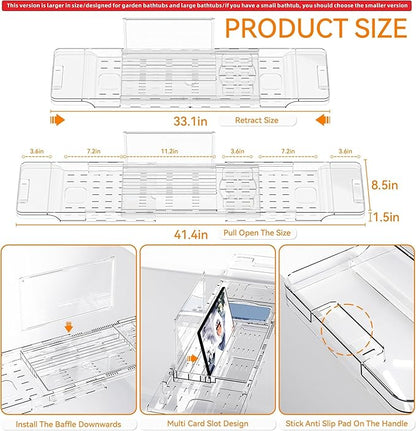 Yieach Luxury Clear Acrylic Bathtub Tray with Book Holder,Expandable Bath Tray for Tub and Bath Shelf Over Tub,Plastic Bath Table & Board,Bath Caddy Trays & Accessories for Women Relaxing Spa Gifts