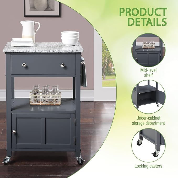 OSP Home Furnishings Fairfax Farmhouse Kitchen Cart with Granite Top, Rolling Storage Cabinet with Towel Rack, Shelf and Drawer, Grey Finish