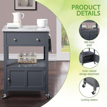 OSP Home Furnishings Fairfax Farmhouse Kitchen Cart with Granite Top, Rolling Storage Cabinet with Towel Rack, Shelf and Drawer, Grey Finish