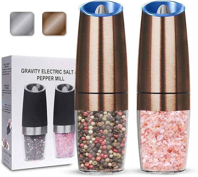 UNNEES Gravity Electric Salt and Pepper Grinder set of 2, Automatic Salt And Pepper Grinder Set, Adjustable Roughness, Battery Powered, LED Light, 2 Pack, (Copper)