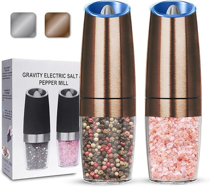 UNNEES Gravity Electric Salt and Pepper Grinder set of 2, Automatic Salt And Pepper Grinder Set, Adjustable Roughness, Battery Powered, LED Light, 2 Pack, (Copper)