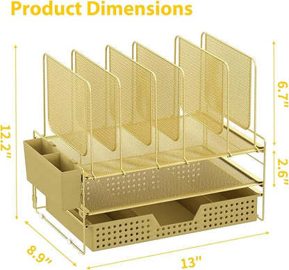 Gold Desk Organizer, Office Organization with Vertical File Holder, File Organizer with Drawer and Pen Holder, Desk Accessories and Workspace Organizers for Home Office (Gold)