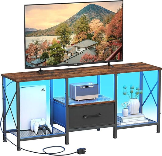 JARHETUN LED TV Stand with Fabric Drawer, Entertainment Center for 50 55 Inch TV, Industrial TV Console Table with Open Storage Shelves for Living Room, Bedroom, Rustic Brown