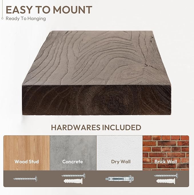 Marsmiles 36 inch Floating Shelves for Wall Solid Elm Wood Shelves|Rustic Wall Shelves with Invisible Heavy-Duty Bracket for Bathroom Living Room Kitchen|Walnut, 2 Pack