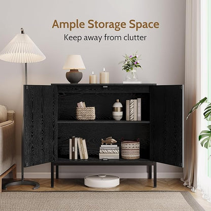 Yechen Set of 2 63" Sideboard Cabinet with Natural Rattan Doors, Buffet Console & Accent Cabinet, Rattan Credenza Storage with Metal Legs for Living Room, Kitchen, Dining Room/Black+Nautural