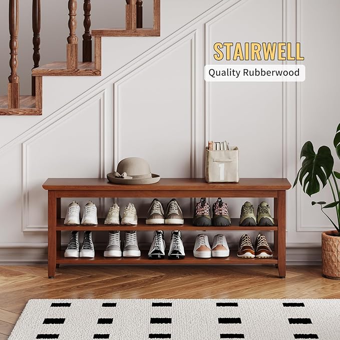 Wood Shoe Bench for Entryway,Bench with Shoe Rack,Storage Shoe Organizer for Hallway,Living Room,Bedroom (Brown, 47.24''W×11.81‘’D×17.71‘’H)