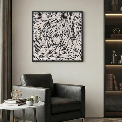 Framed Black and White Abstract Wall Art, 1 Piece Square Modern Canvas Prints Paintings, Minimalist Abstract Brush Pictures for Bedroom Dining Room Living Room Lounge Bathroom Wall Decor 24x24 In