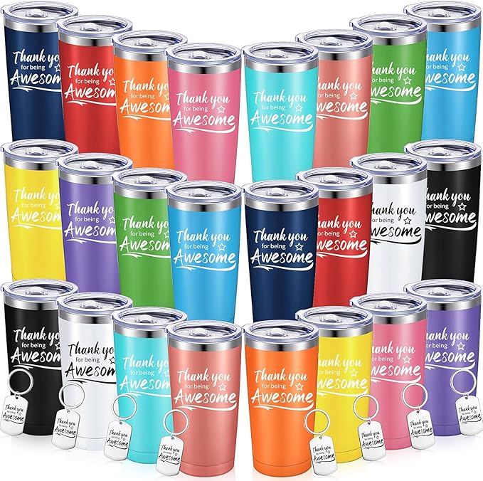 Sieral 48 Pieces Thank You for Being Awesome Tumbler, Thank You Supplies for Women Men 20oz Insulated Stainless Steel Travel Tumbler with Lid and Straw Appreciation Gift with Keychain (Multicolor)