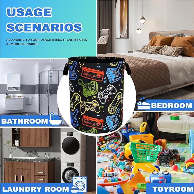 Game Consoles Laundry Basket Funny Colorful Oxford Cloth Laundry Hamper With Handle Foldable Portable Clothes Storage Basket 18.9 X 16.5 Inch Storage Bag For Laundry Room/Bathroom/Bedroom/Dormitories