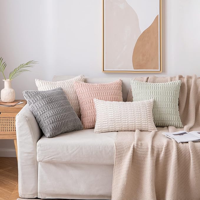 MIULEE Pack of 2 Corduroy Decorative Lumbar Throw Pillow Covers 24x12 Inch Soft Boho Striped Pillow Covers Modern Farmhouse Home Decor for Sofa Living Room Couch Bed Cream White