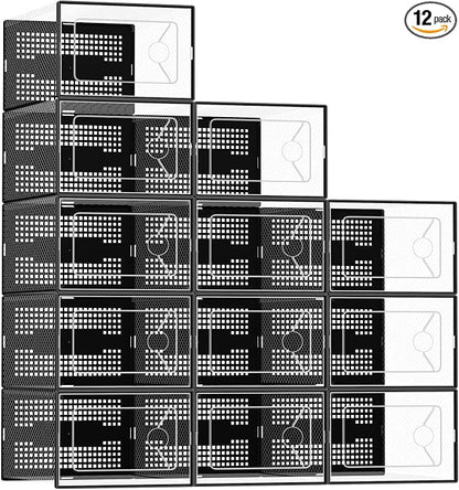 Sweetcrispy Shoe Storage Boxes, Clear Plastic Stackable Shoe Rack Organizer with Lids for Closet, Foldable Sneaker Container, Under Bed and Entryway, 12 Pack, Black