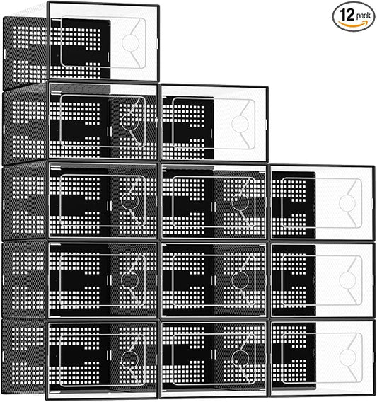 Sweetcrispy Shoe Storage Boxes, Clear Plastic Stackable Shoe Rack Organizer with Lids for Closet, Foldable Sneaker Container, Under Bed and Entryway, 12 Pack, Black