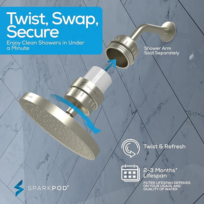 SparkPod 23-Stage Filtered Shower Head, 8" Round, Brushed Nickel | Filtered Shower Head for Hard Water Filter, High Pressure, Reduces Chlorine, Heavy Metals, For Dry Skin & Hair