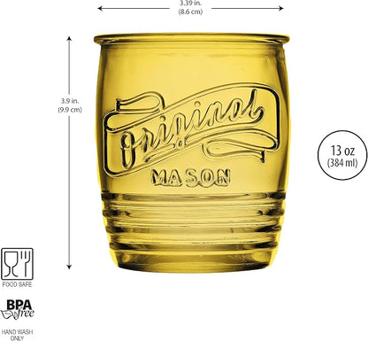Glaver's Set Of 4 Original Mason Collins Glasses Assorted Colored Drinking Glasses For Juice Smoothies Cocktails Fine Beverage Glass Cups HAND WASH(Original Mason Whiskey Colored 13 OZ.)
