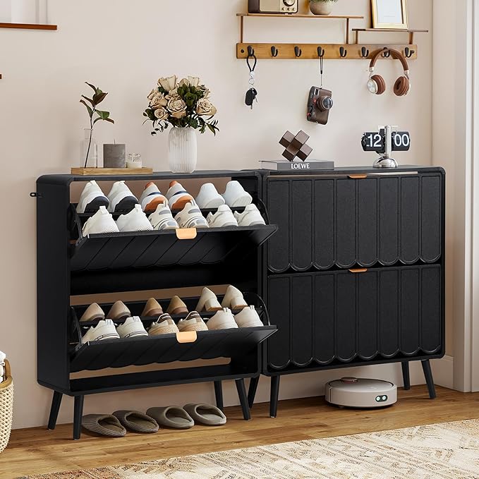 Shoe Storage Cabinet for Entryway with 2 Flip Drawers, Freestanding Narrow Wood Shoe Cabinet with Wave Panel, Hidden Shoe Organizer for Foyer, Hallway (Black)